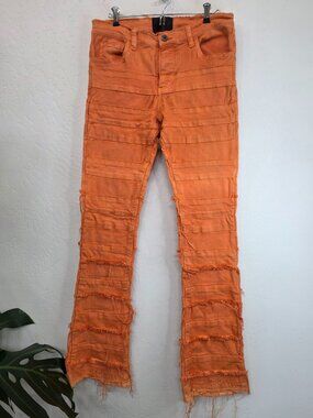 🔥  VALABASAS Tiered Bandage Distressed Stacked Jeans Men's Burnt Orange 34 🔥